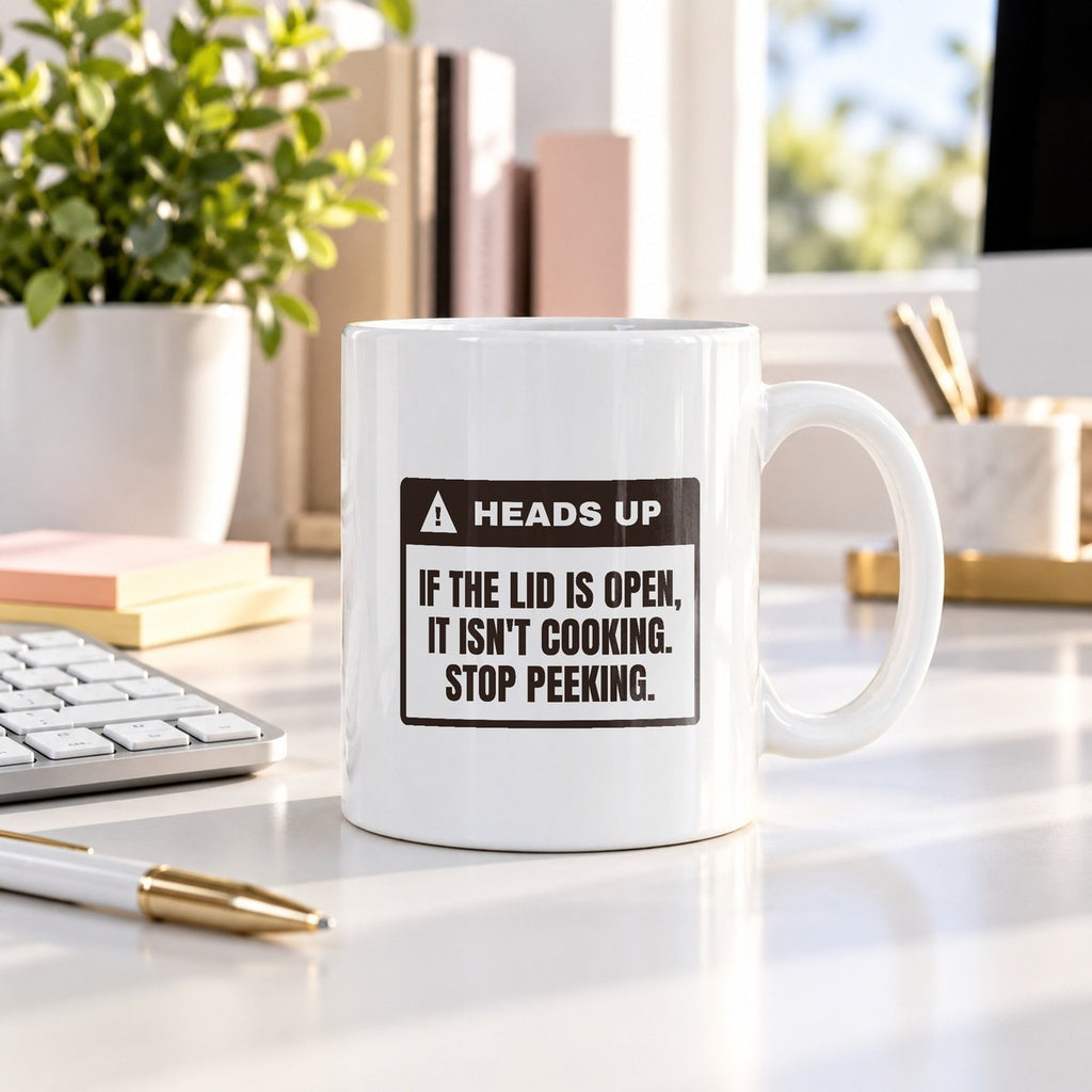 Funny BBQ Coffee Mug Heads Up Lid Open Not Cooking Stop Peeking - photo 1
