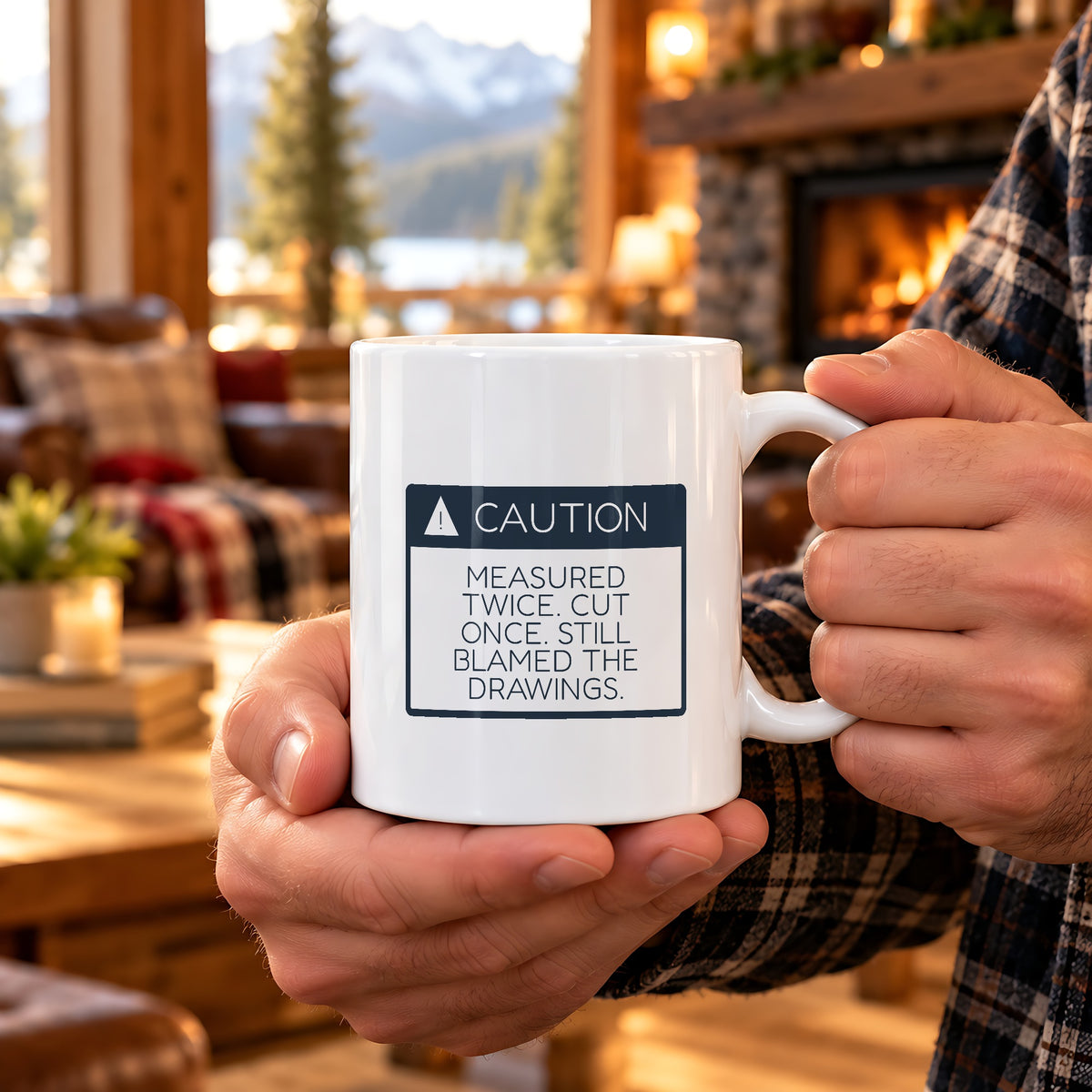 Funny Construction Worker Coffee Mug Measured Twice Caution Sign - photo 1