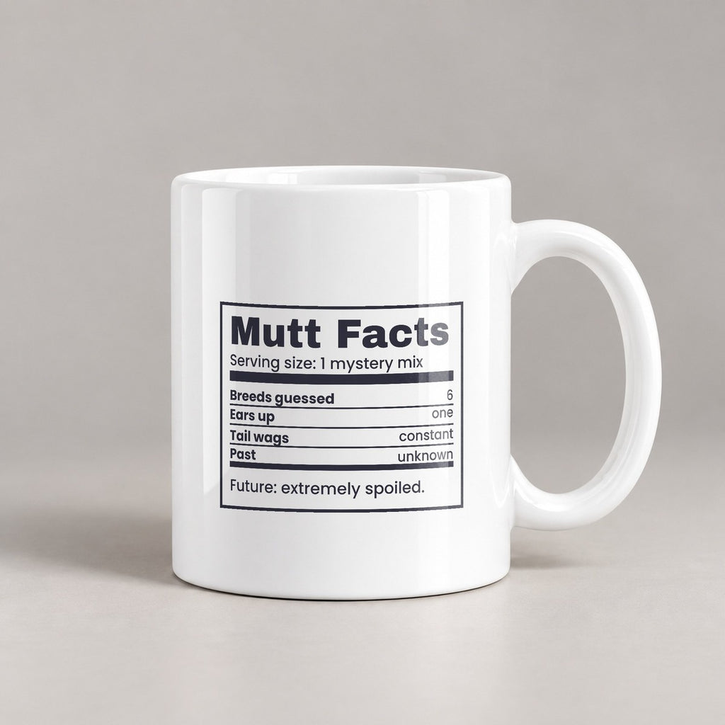 Funny Rescue Dog Coffee Mug Mutt Facts Nutrition Label One Ear Up - photo 1