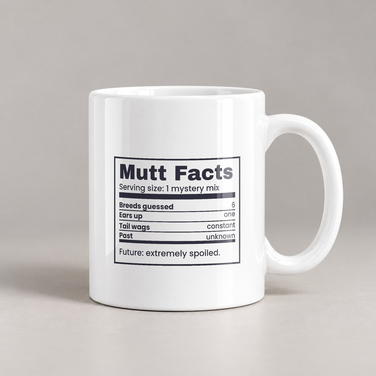 Funny Rescue Dog Coffee Mug Mutt Facts Nutrition Label One Ear Up - photo 1