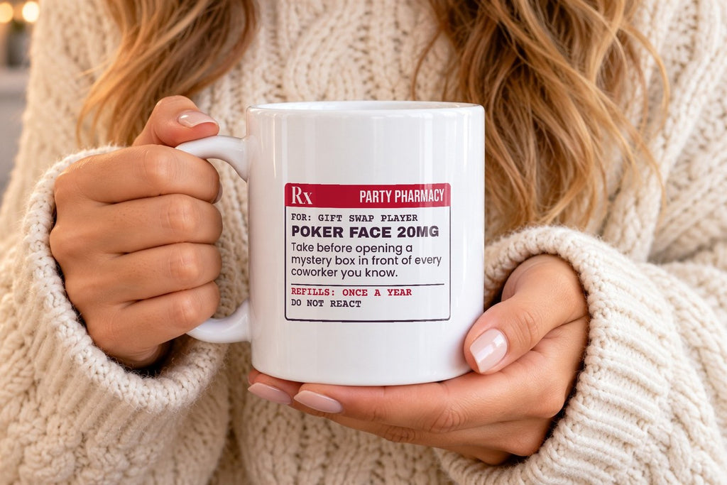 Funny White Elephant Coffee Mug Poker Face 20mg Prescription Label - photo 4