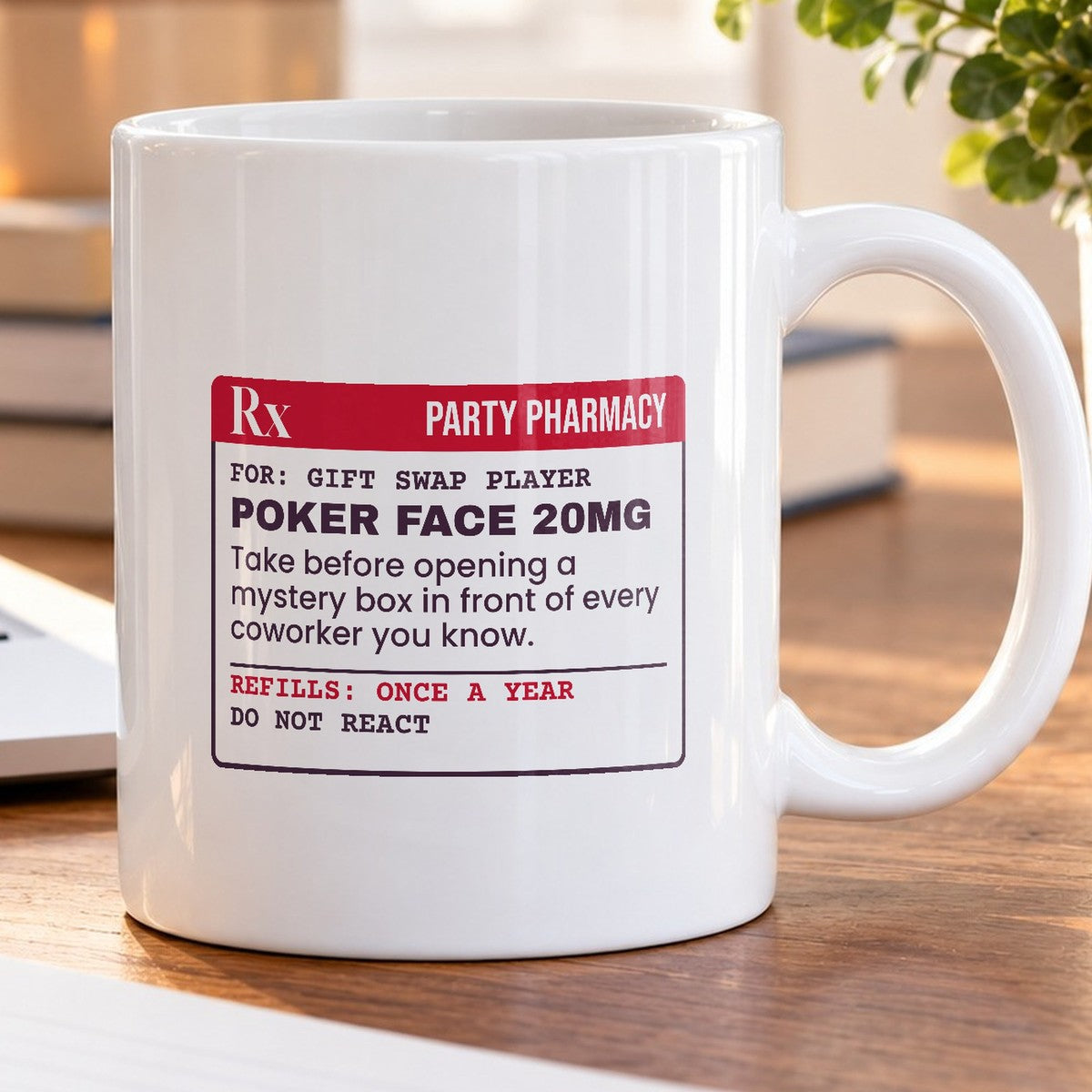 Funny White Elephant Coffee Mug Poker Face 20mg Prescription Label - photo 5