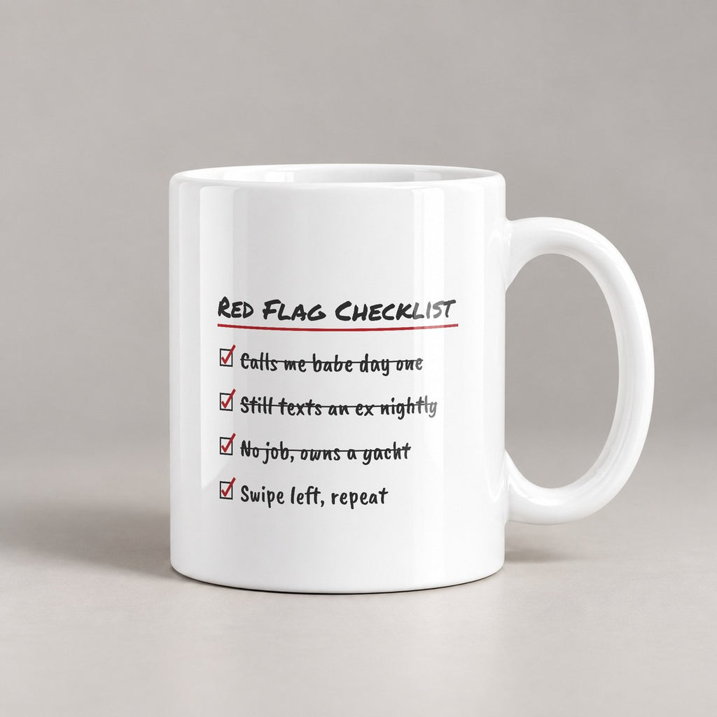 Funny Single Coffee Mug Red Flag Checklist Swipe Left For Her - photo 3