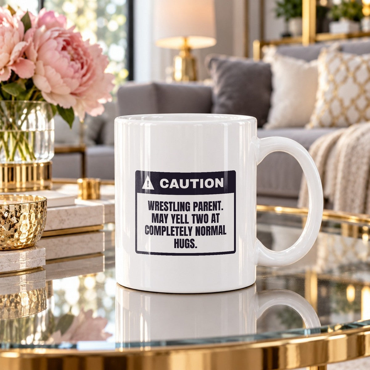 Funny Wrestling Mom Coffee Mug Caution Yells Two At Normal Hugs - photo 3